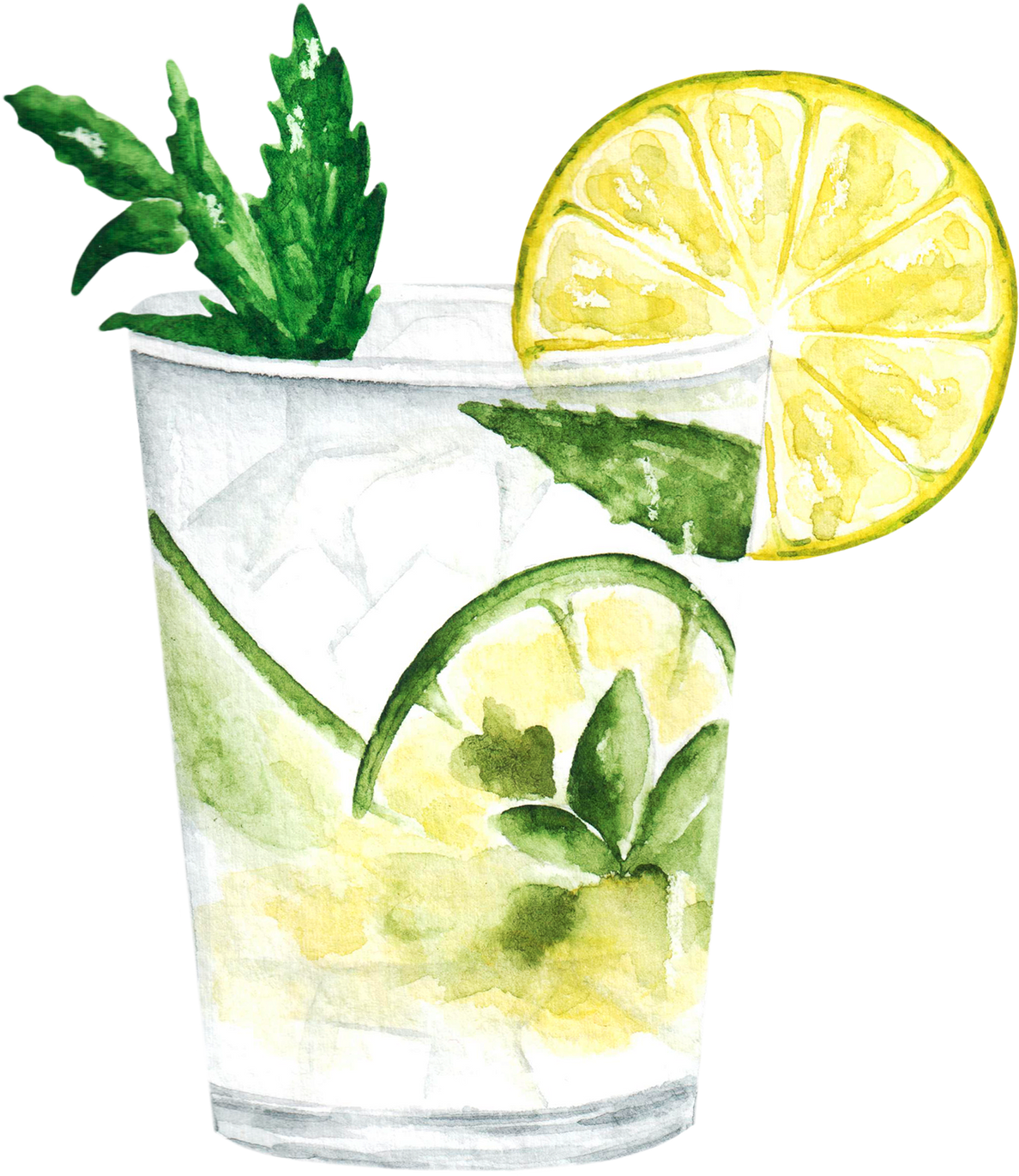 Mojito cocktail watercolor illustration. Alcoholic cocktail